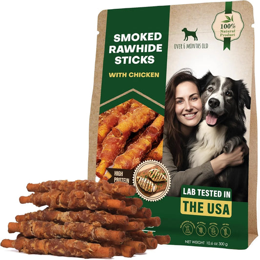 Dog Treats Rawhide Sticks Wrapped with Chicken 11 Oz Pet Natural Chew Treats - Grain Free Meat & Human Grade Dried Snacks - Best for Small & Large Dogs (10.6 Ounce (Pack of 1), Smoked Chicken)